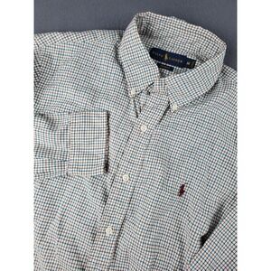 Ralph Lauren Men M Custom Fit Blue Burgundy White Plaid Long Sleeve Button Down